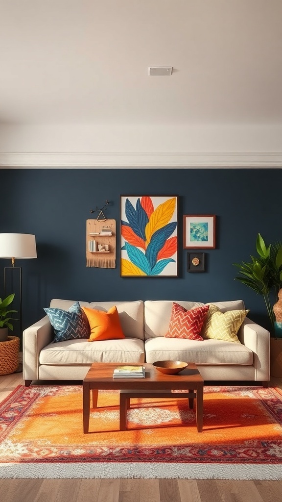 Living room with a bold blue accent wall, colorful artwork, a cozy sofa, and decorative pillows.