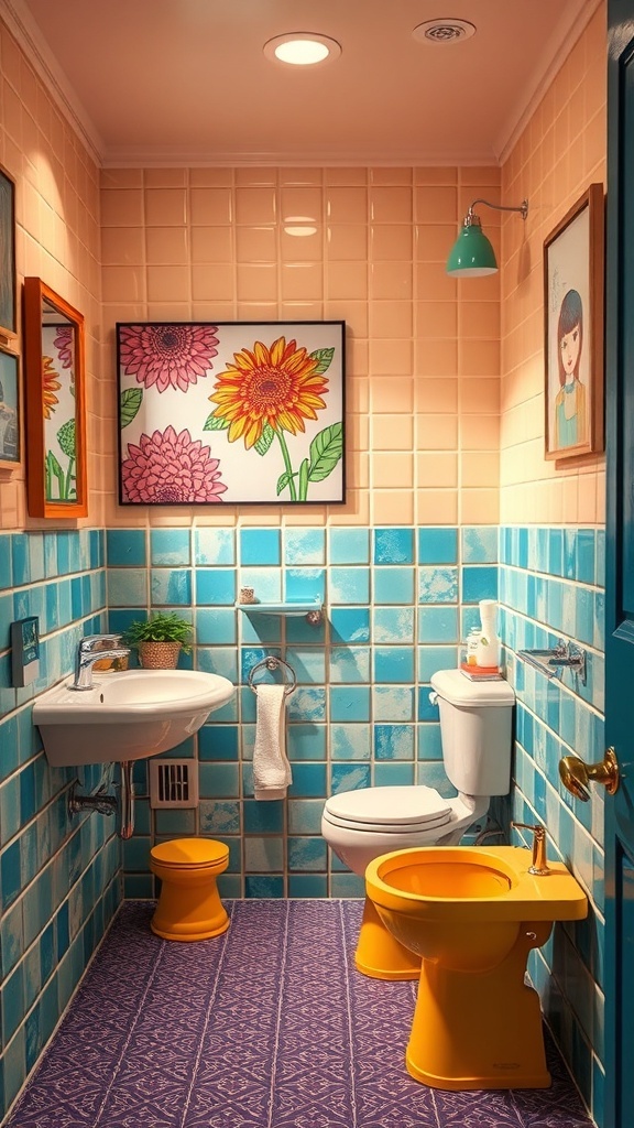 A colorful bathroom featuring turquoise tiles, peach walls, yellow stools, and vibrant flower artwork.