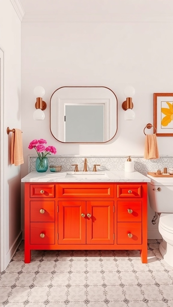 A bright red bathroom vanity with a marble countertop and gold hardware, set against white walls.