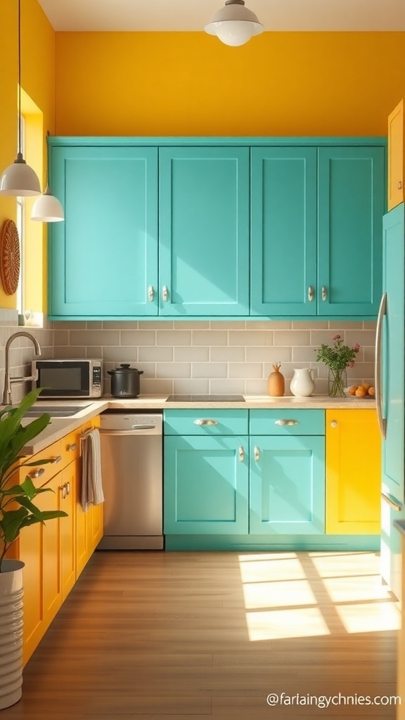 A bright kitchen featuring turquoise and yellow cabinets with modern appliances and a sunny atmosphere.