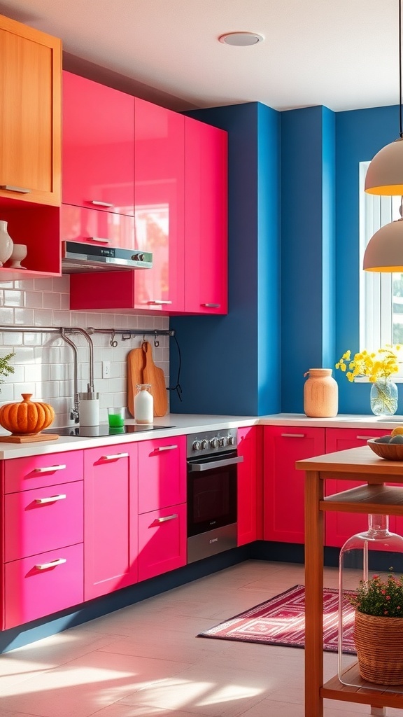 A vibrant kitchen featuring pink cabinets and a blue wall, with natural light and simple decor.