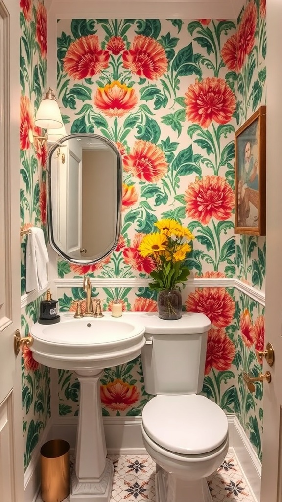 A small powder room featuring bold floral wallpaper, a white pedestal sink, and a toilet, with fresh flowers on display.