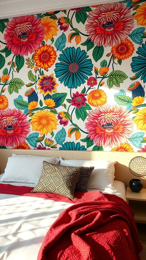 Colorful floral wallpaper above a bed with a red throw blanket and patterned pillow.