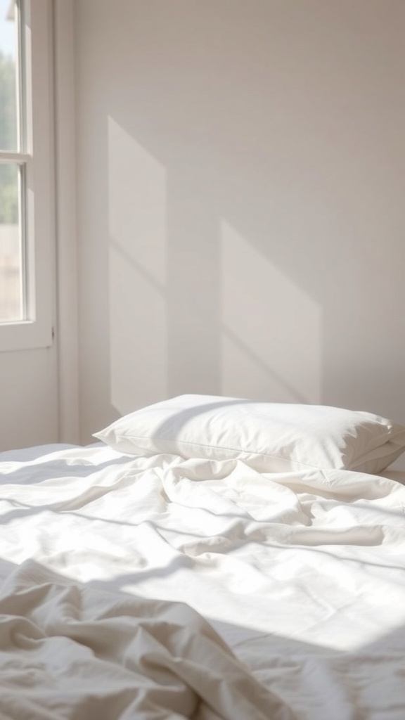 A serene bedroom with crumpled white cotton sheets and a fluffy pillow, illuminated by soft sunlight.