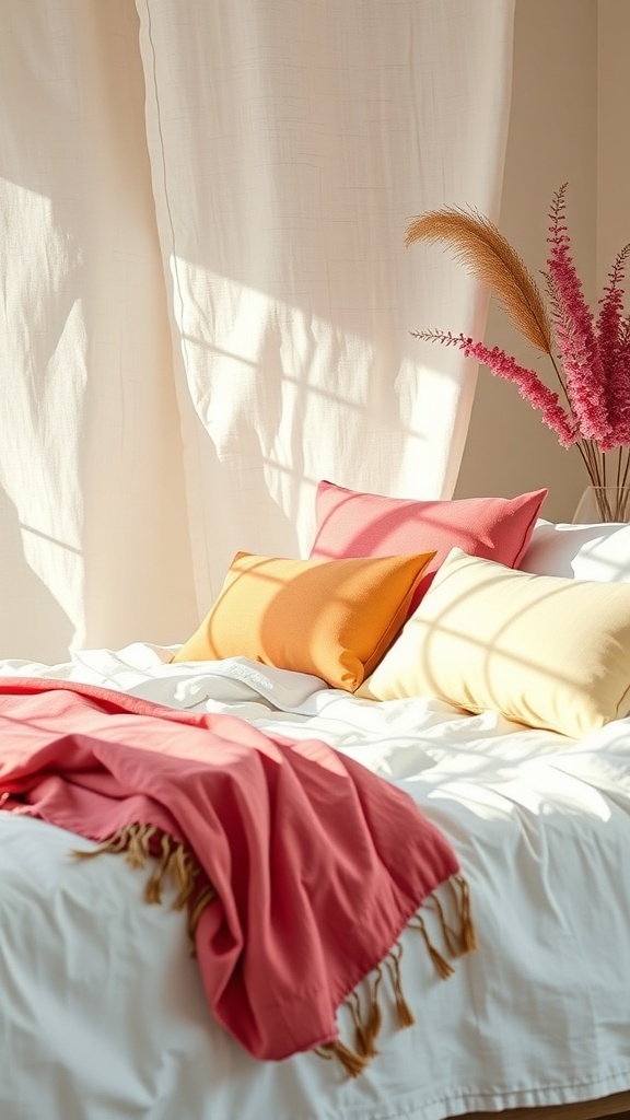 A cozy summer bedroom with colorful pillows, a lightweight throw, and sheer curtains letting in sunlight.