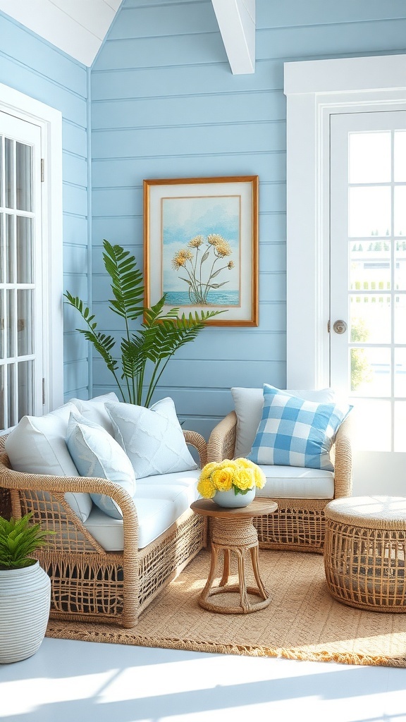 Cozy seating area with blue walls, wicker furniture, and bright floral decor