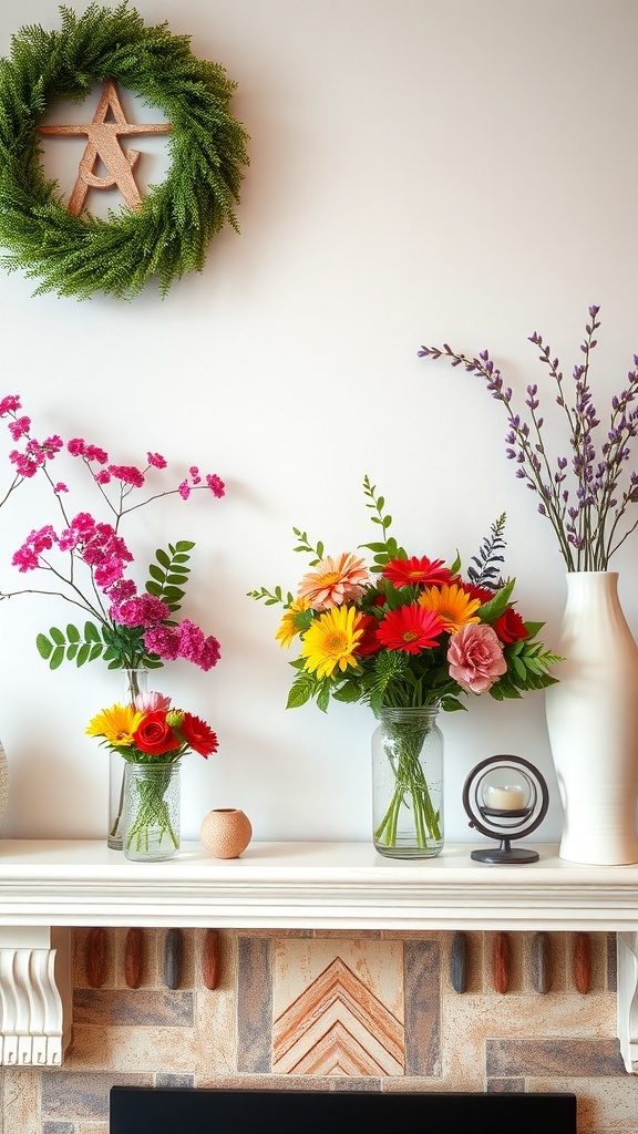 A summer mantel decor featuring bright floral arrangements in glass jars, a green wreath, and decorative items.