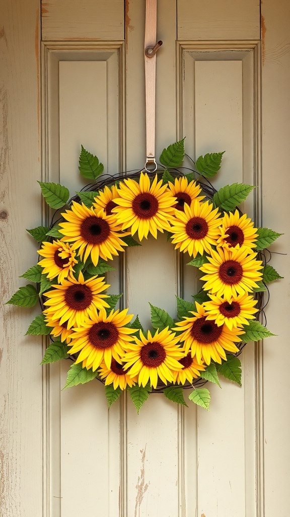 A bright sunflower wreath hanging on a door, featuring vibrant yellow flowers and green leaves.