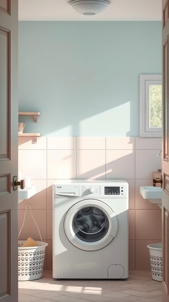 A bright and airy laundry room with light blue walls and pink tiles, featuring a white washing machine and wooden shelves.