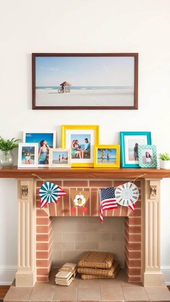 A mantel decorated with brightly colored picture frames and summer-themed decorations.