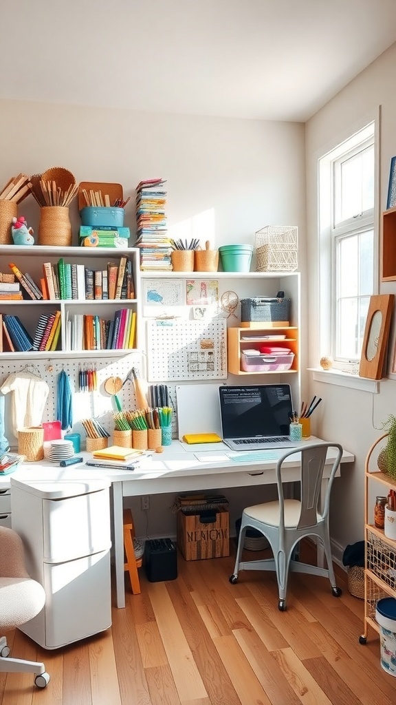 Bright and organized hobby space with a desk, shelves, and art supplies.