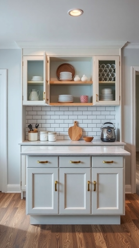 A small kitchen island with built-in storage, showing cabinets and open shelves displaying dishware and kitchen essentials.