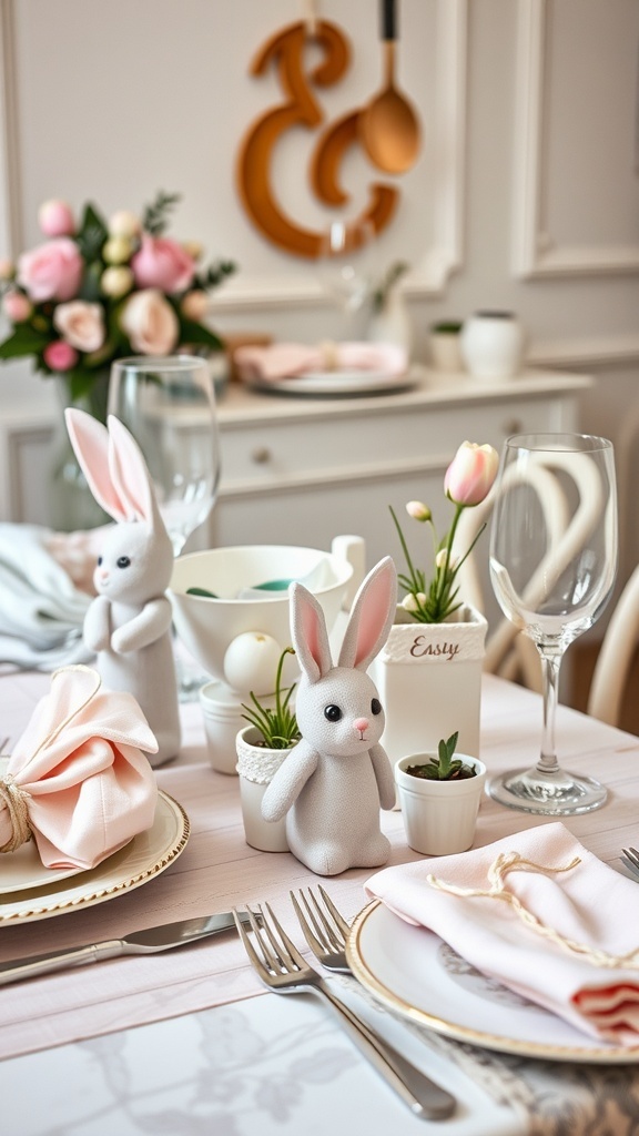 A beautifully arranged bunny-themed table setting with pastel colors, bunny figurines, and elegant tableware.
