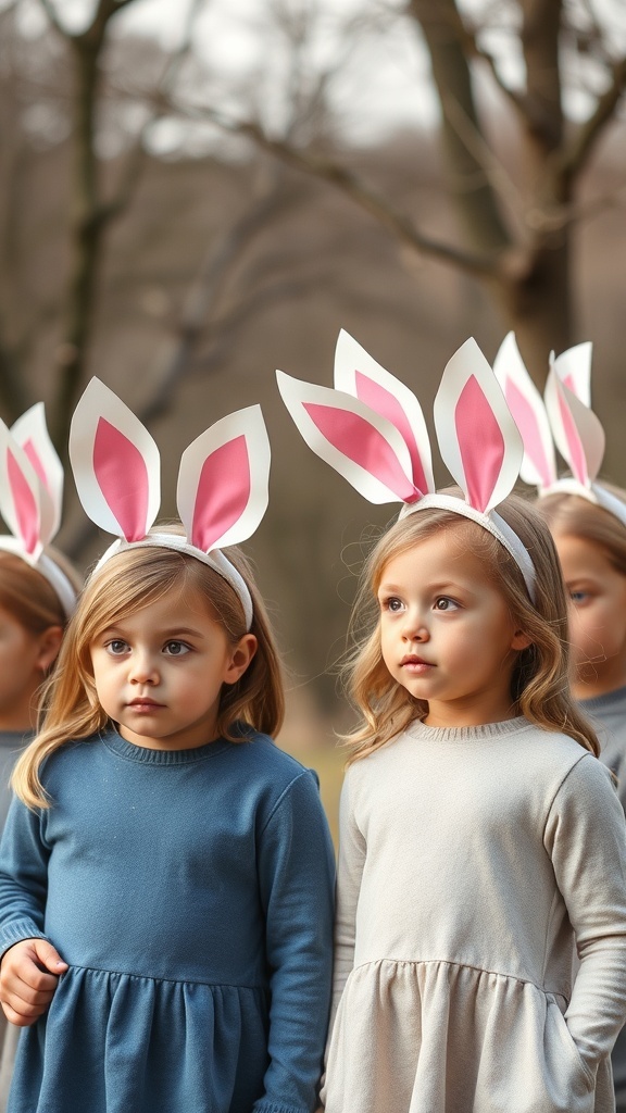Children wearing bunny ears headbands in a park during Easter.