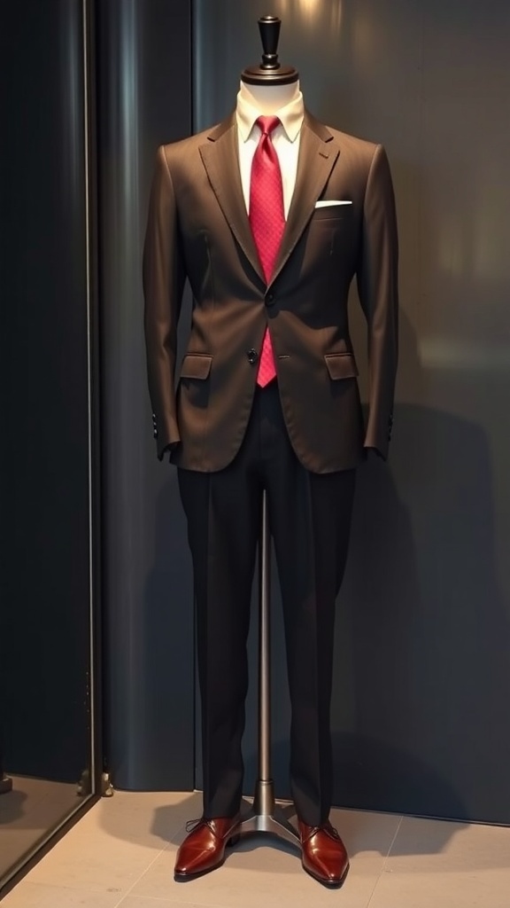 A mannequin dressed in a dark suit with a red tie and brown shoes, showcasing business formal attire.
