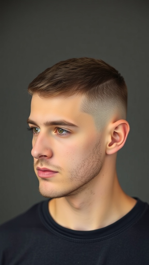 A young man with a buzz cut hairstyle, showcasing a clean and low-maintenance look.