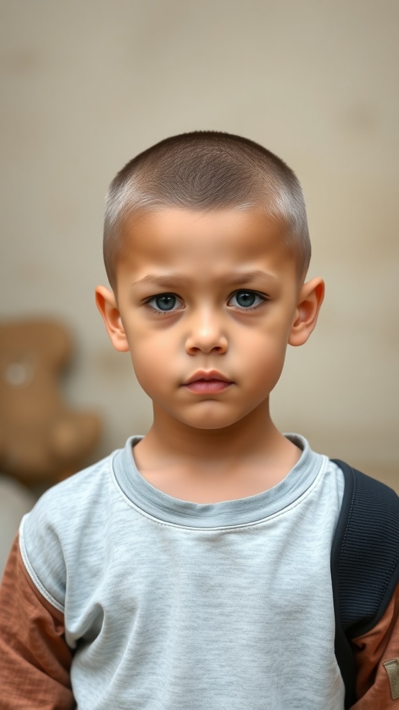 A young boy with a buzz cut, looking serious and stylish.