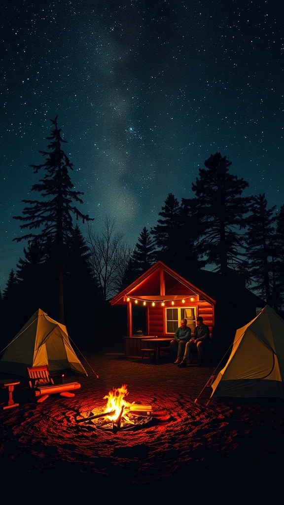 A cozy cabin with a campfire and tents under a starry sky