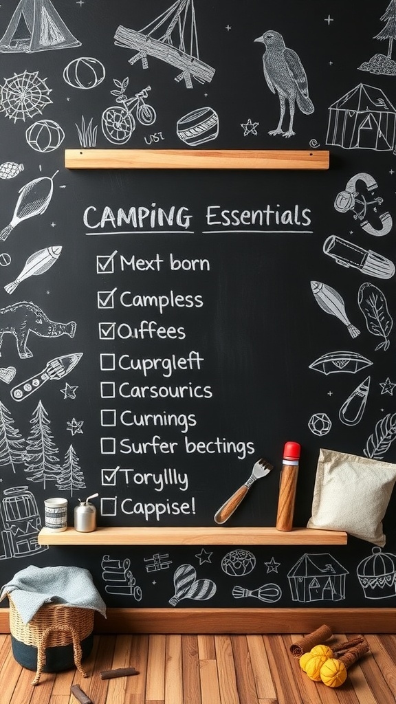 Chalkboard with camping essentials checklist and doodles