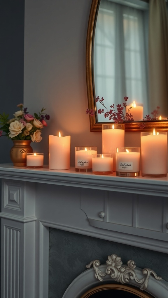 A mantel decorated with various candles and spring flowers, creating a warm and inviting atmosphere.