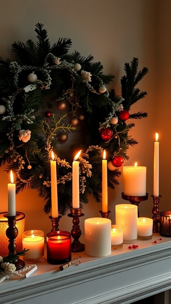 A cozy winter candle display on a mantel with a festive wreath.