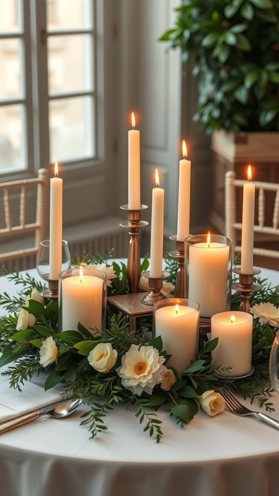 A round table centerpiece featuring candles of varying heights surrounded by flowers.