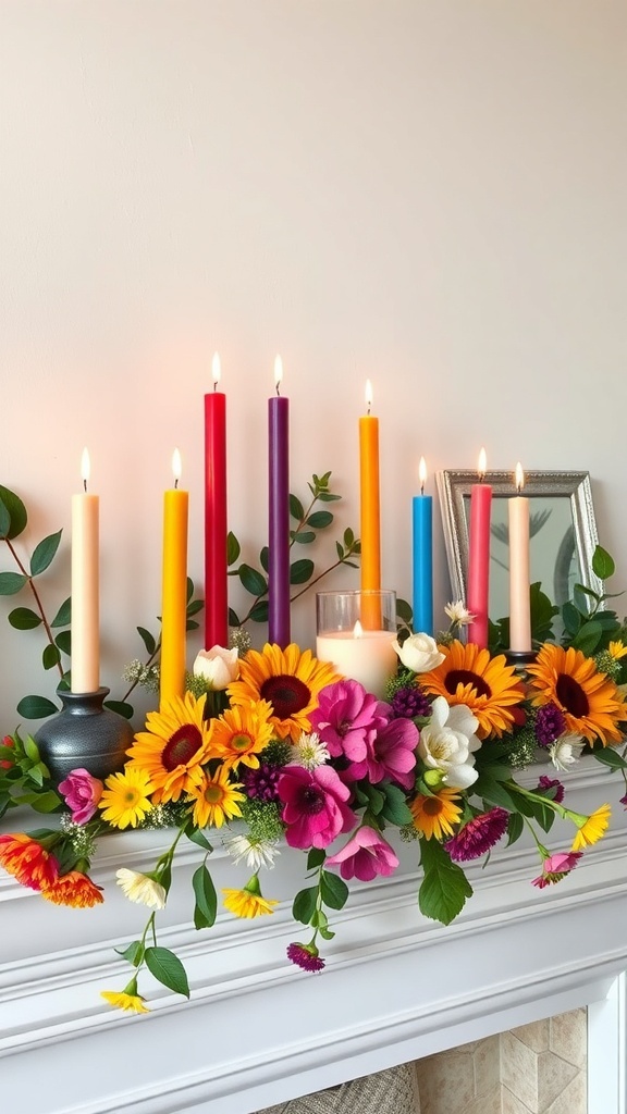 Colorful candles and flowers arranged on a mantel for summer decoration.