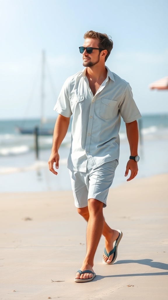 A man wearing a light blue linen shirt and shorts, walking on the beach with sunglasses.