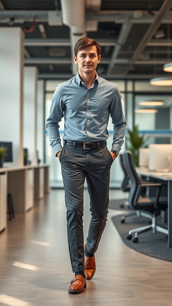 A man in a light blue shirt and gray pants walking in a modern office.