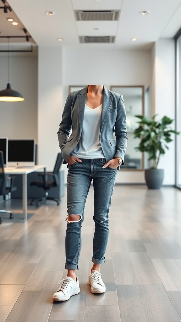 A stylish casual outfit featuring a blazer, white tee, distressed jeans, and white sneakers.