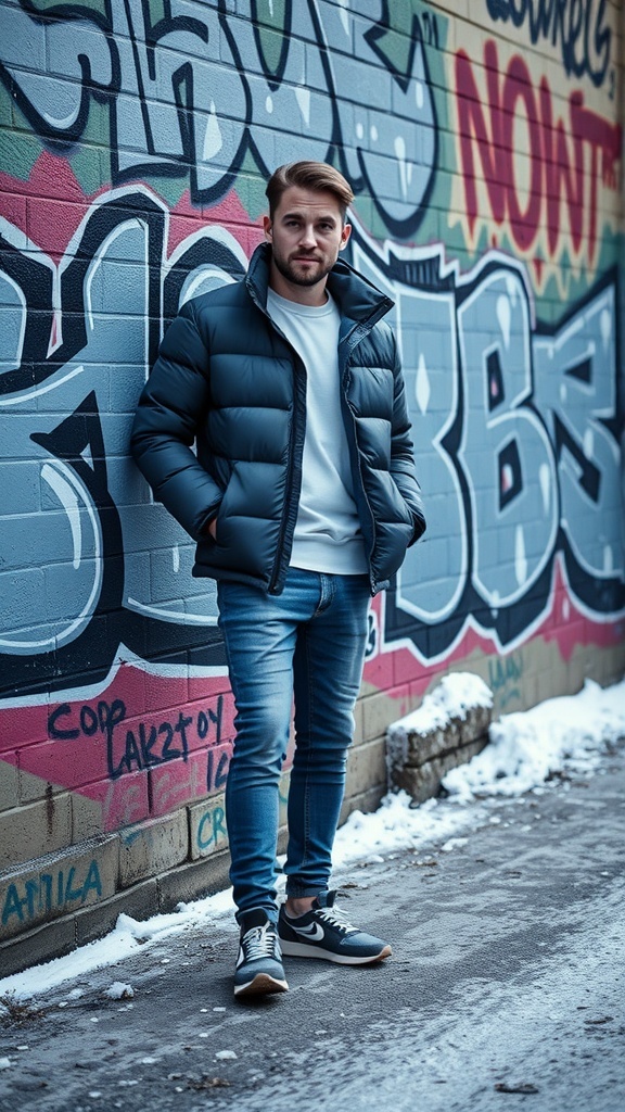 A young man wearing a black puffer jacket, white sweatshirt, and blue jeans, standing in front of a graffiti wall.