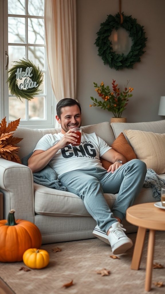A man sitting on a couch, enjoying a drink, dressed in a white t-shirt and gray sweatpants, surrounded by autumn decorations.