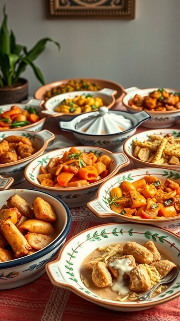 A variety of ceramic serving dishes filled with colorful Italian dishes on a table.