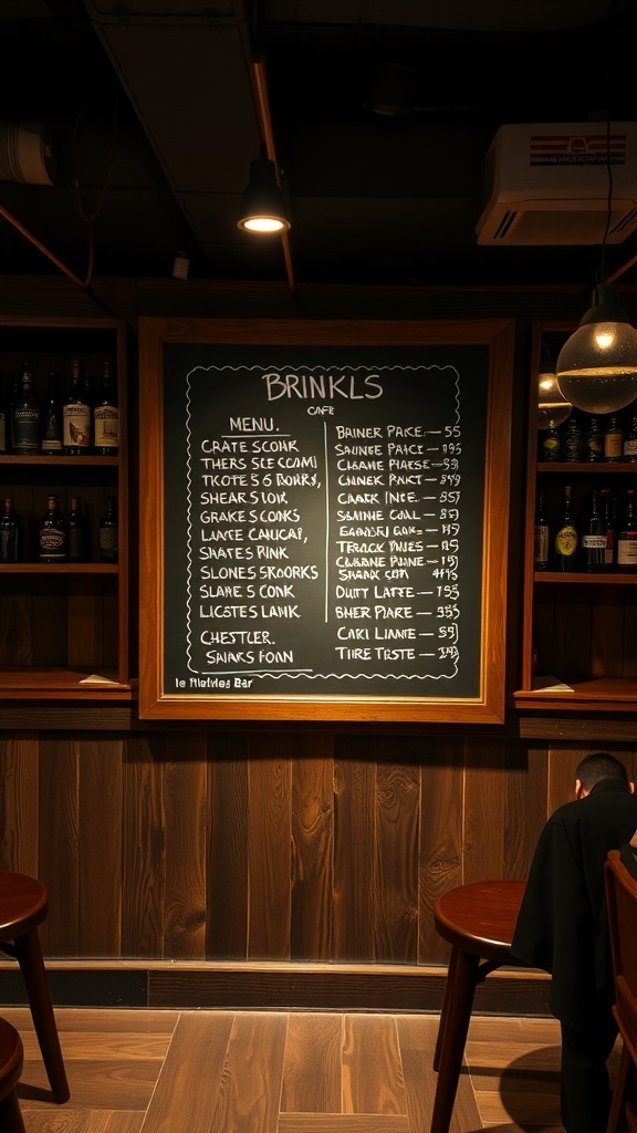 Chalkboard drink menu listing various drinks and prices, enhancing a cozy bar atmosphere.