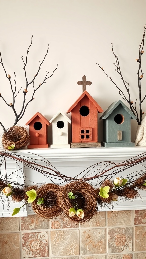 A collection of colorful birdhouses on a mantel, surrounded by twigs and floral accents.