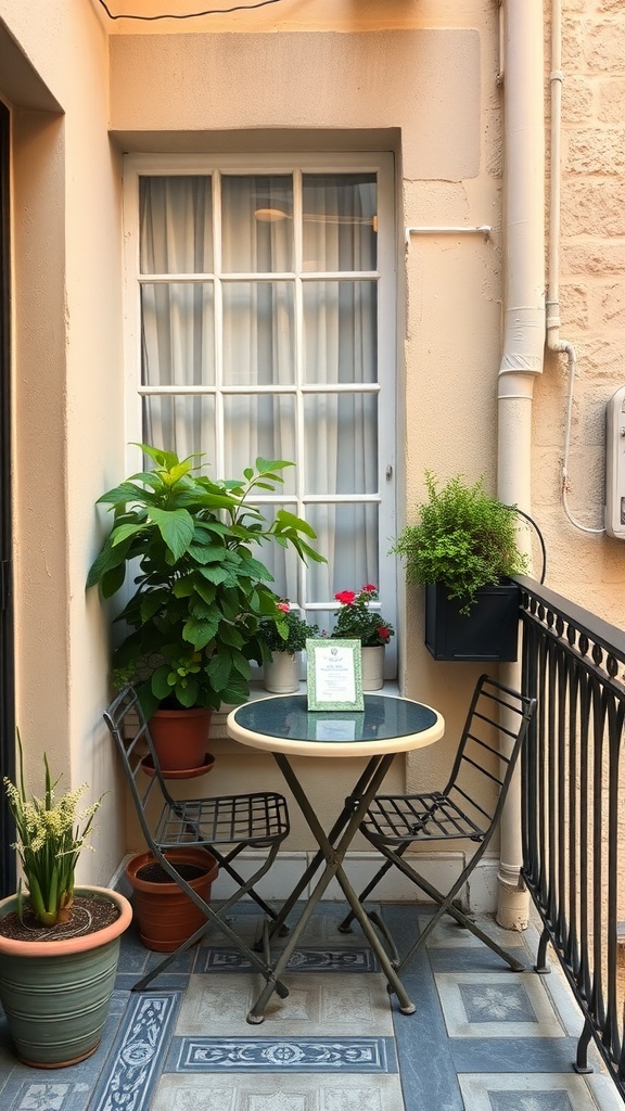 A small balcony featuring a round glass-top table and two metal chairs, surrounded by potted plants.