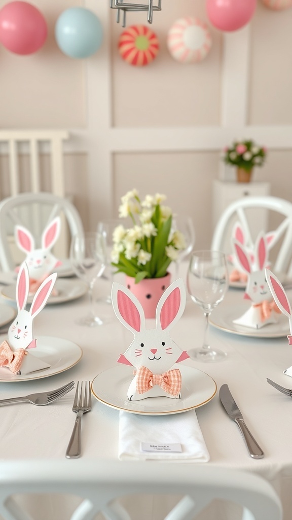 Easter table setting with bunny decorations and pastel balloons