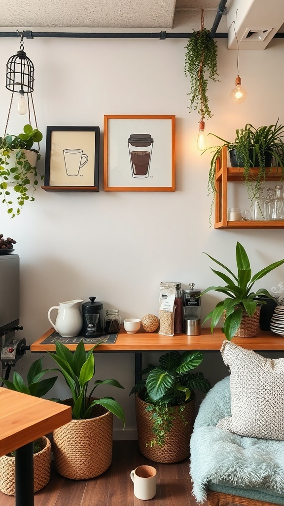 A cozy home coffee bar with wall art, plants, and wooden furniture.