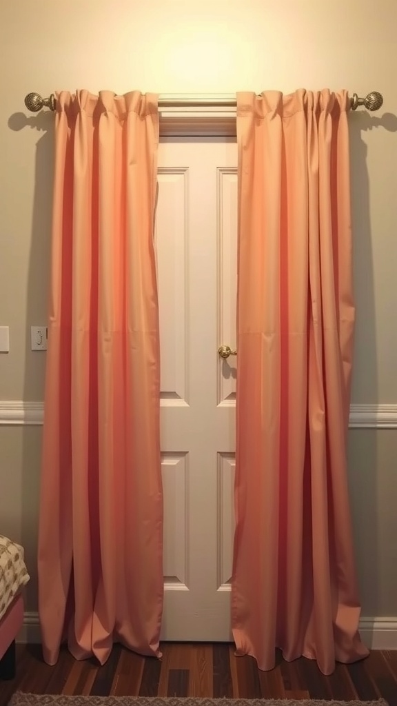 Soft peach door curtains draped over a door in a cozy bedroom