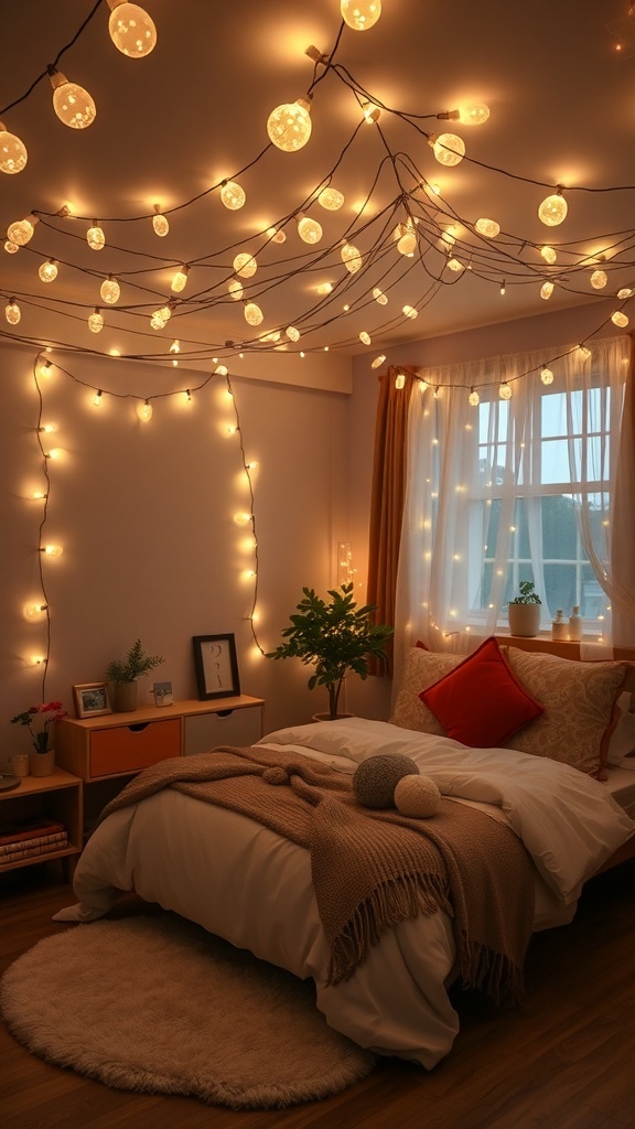 A whimsical bedroom with cozy fairy lights hanging from the ceiling.