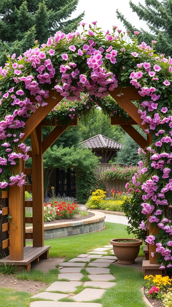 A charming garden arbor covered in pink flowers, leading to a beautiful garden pathway.
