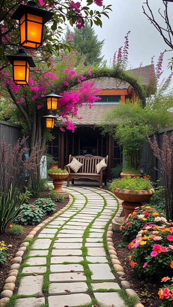 A charming garden pathway lined with flowers and lanterns, leading to a wooden bench.