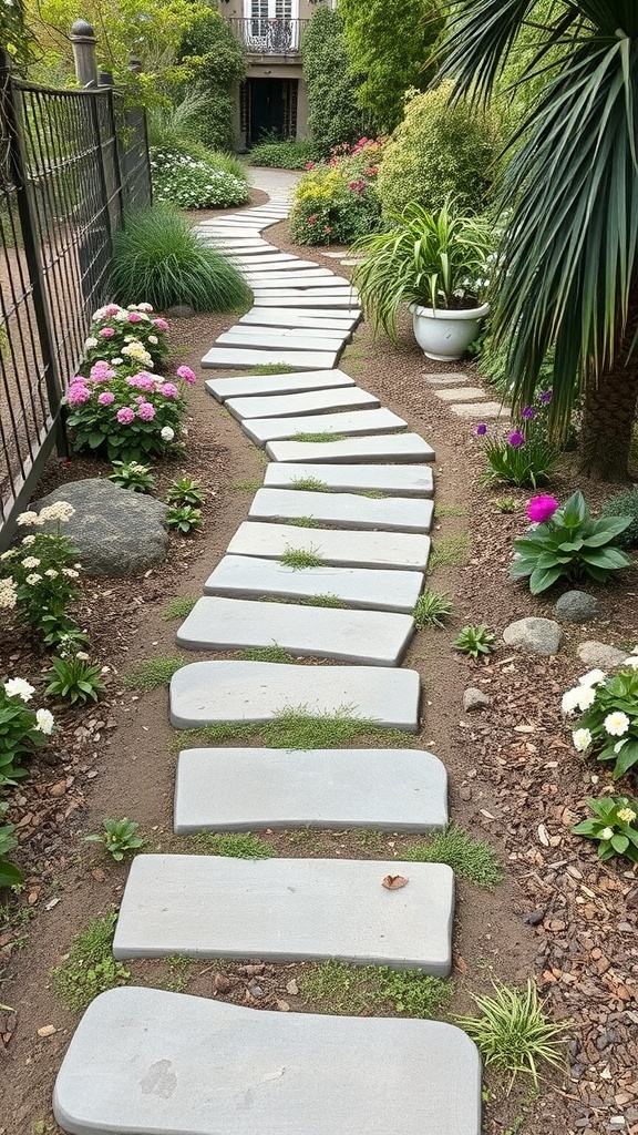 A charming garden pathway made of smooth stones, surrounded by colorful flowers and greenery.