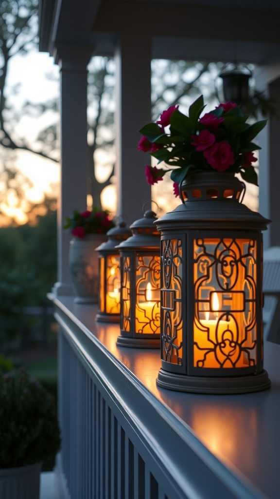 Charming lanterns on a porch with flowers and a sunset in the background.