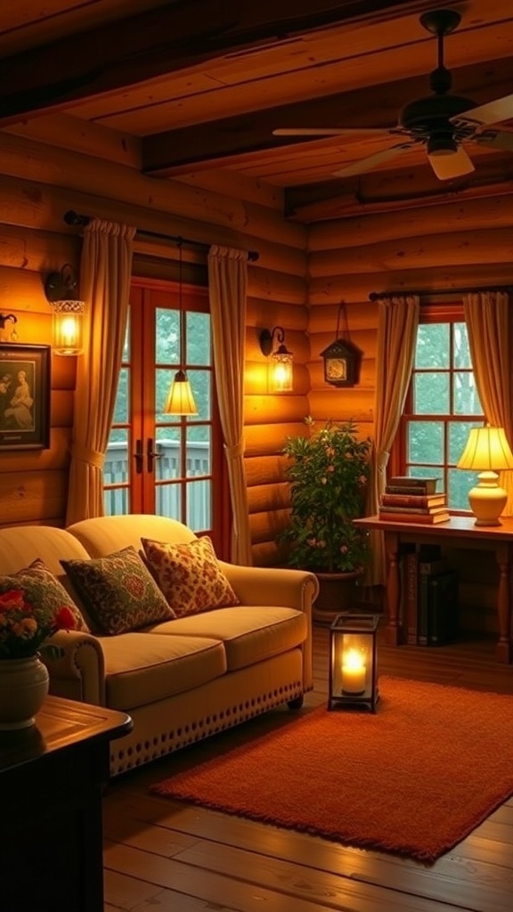 Cozy cottage living room with warm lighting fixtures and wooden walls