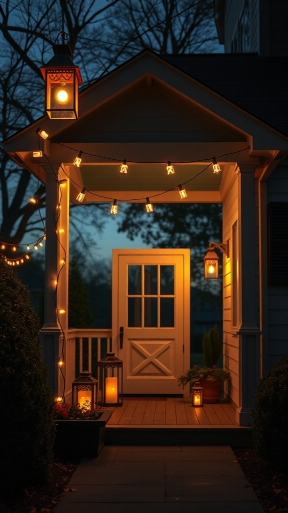 Charming and inviting tiny front porch with warm outdoor lighting.