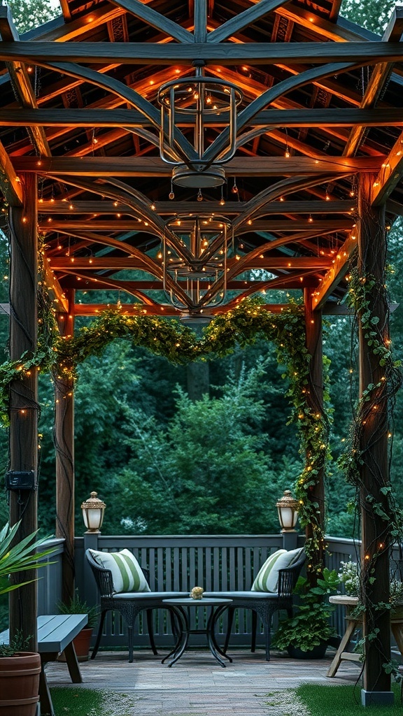 A cozy pergola with soft lighting, comfortable seating, and greenery in a backyard setting.