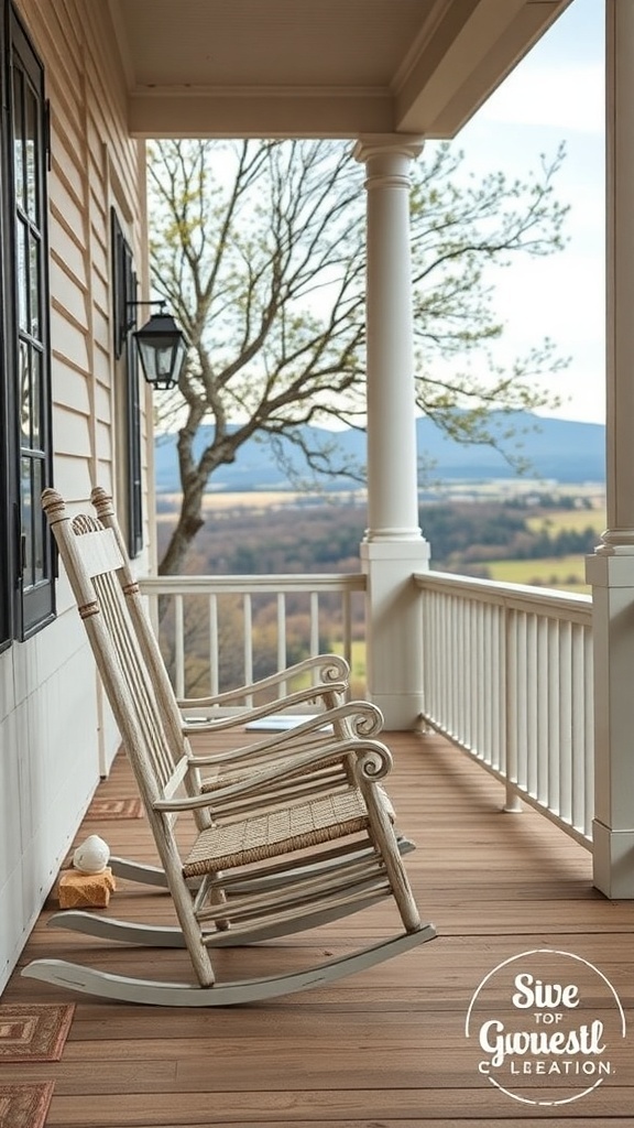 Two charming rocking chairs on a front porch with a scenic view.