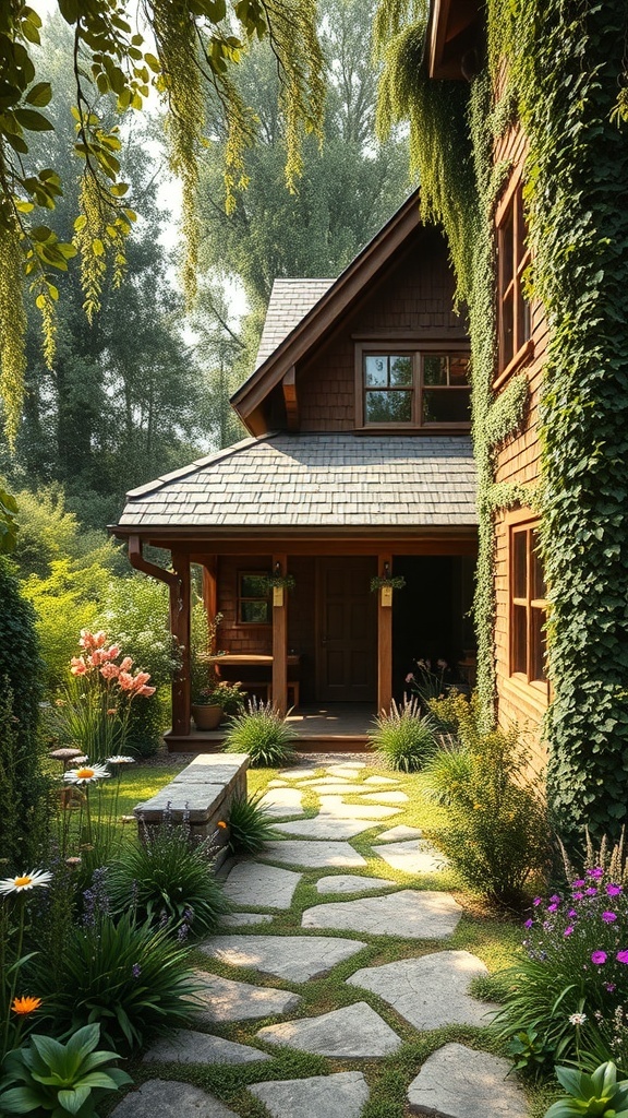 A rustic summer house with a stone pathway and lush garden.