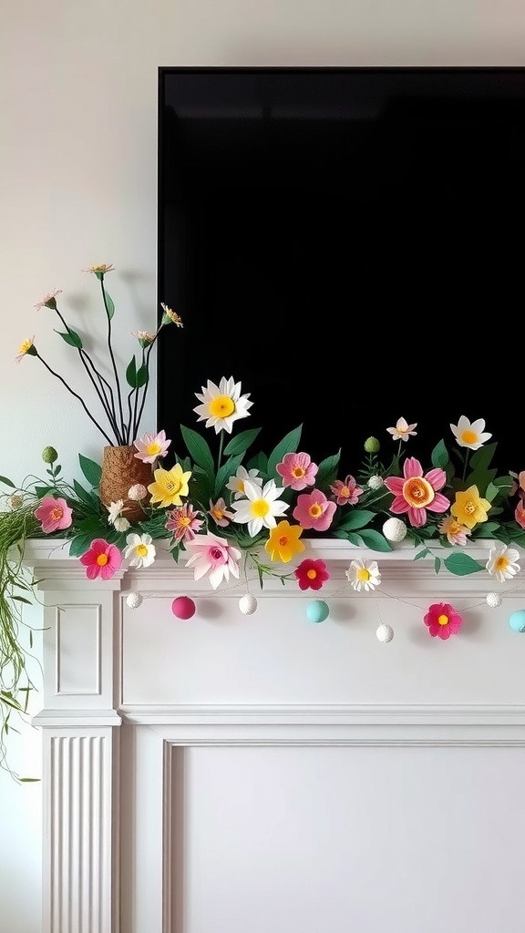 Colorful spring garland with flowers and pom-poms above a mantel.